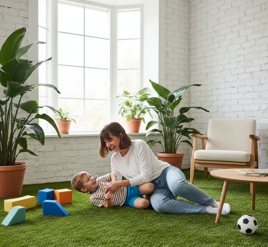 niño jugando en cesped artificial